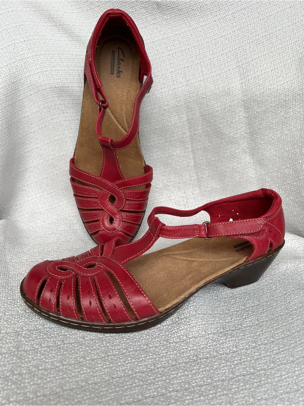 Clarks Red Leather T-Strap Low Heel Sandals